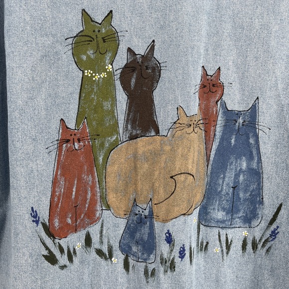 Vtg Women Denim Shirt XL Cats Kitties Handpainted Signed Grannycore  Artsy Boho - Picture 6 of 8